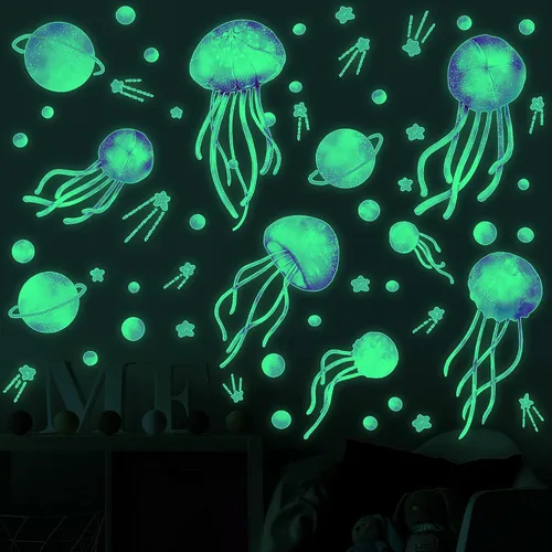 Vista 9 de 4 hojas de calcomanías de pared de medusas de cielo estrellado que brillan en la oscuridad, calcomanías de pared luminosas azul planeta, calcomanías