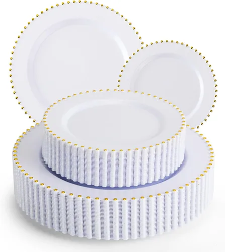 Vista 20 de ejonirinjonir EI 60 platos de plástico beige con borde dorado, platos desechables marfil, plato de plástico de lujo resistente, cena de 10 pulgadas