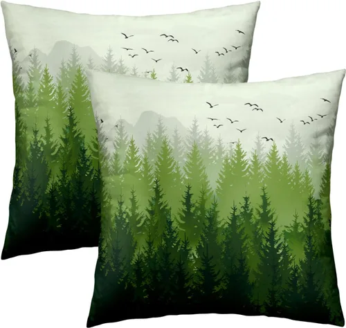 Vista 23 de Juego de 2 fundas de almohada de bosque de abedul, fundas de almohada decorativas de montaña de madera verde oscuro brumoso de 16 x 16 pulgadas