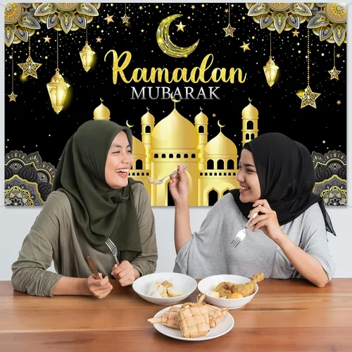 Vista 5 de Boyiee Decoración de Ramadán Mubarak, telón de fondo musulmán Ramadán Kareem, letrero de Eid Mubarak, fondo de cabina de fotos para el hogar, Negro