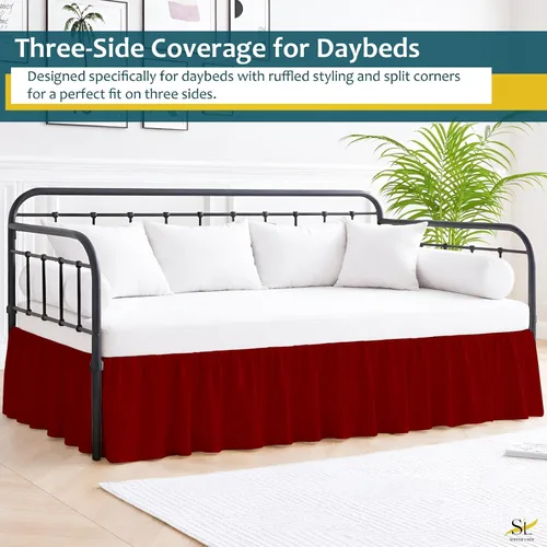 Vista 5 de Falda de cama con volantes con esquinas divididas para camas de día, cobertura de tres lados, fácil ajuste, fabricada con microfibra cepillada