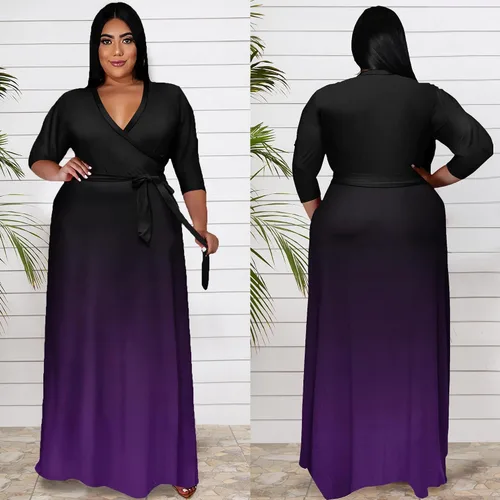 Vista 4 de Runwind Vestidos de talla grande para mujer, vestido largo degradado, manga 34 con cinturón