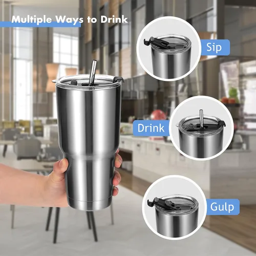 Vista 4 de COSTWAY Vaso de 30 onzas, acero inoxidable 304, doble pared aislada al vacío, tapa resistente a salpicaduras para bebidas frías y calientes (1)
