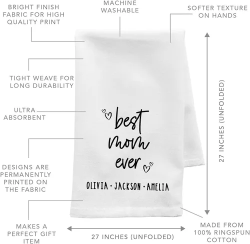 Vista 5 de Andaz Press Toalla de Cocina Personalizada, Toalla de Té de Saco de Harina, La Mejor Mamá de Todos los Tiempos Nombres Personalizados de Niños