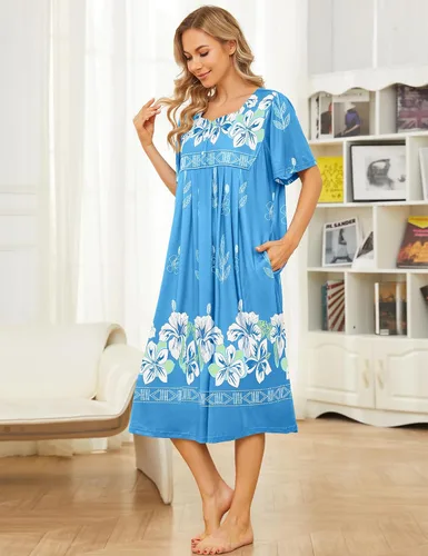 Vista 5 de Bloggerlove Camisón hawaiano para mujer, vestido de casa hawaiano Muumuu con estampado de tumbona, vestido de patio con bolsillos Moomoo