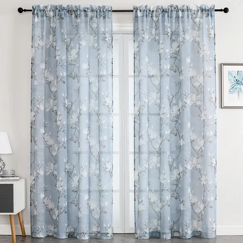 Vista 32 de SMILE WEAVER 2 paneles de cortinas traslúcidas turquesa de 45 pulgadas de largo, para sala de estar, cortinas semitransparentes florales