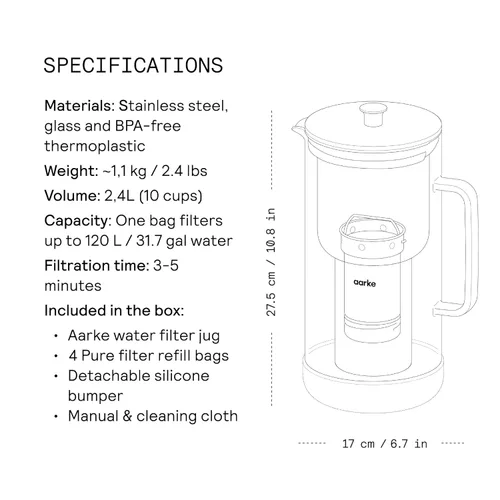 Vista 8 de Paquete de Purificador de Agua Aarke Regular 1.18L de Vidrio con Filtro de Acero, Libre de BPA, 4 Gránulos de Recarga Pura - Filtros Metales Pesados