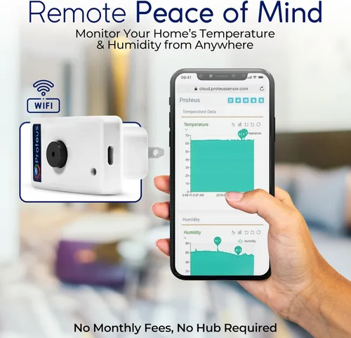 Vista 2 de Proteus AMBIO - Sensor de temperatura y humedad Wifi con zumbador y alertas de correo electrónico/texto