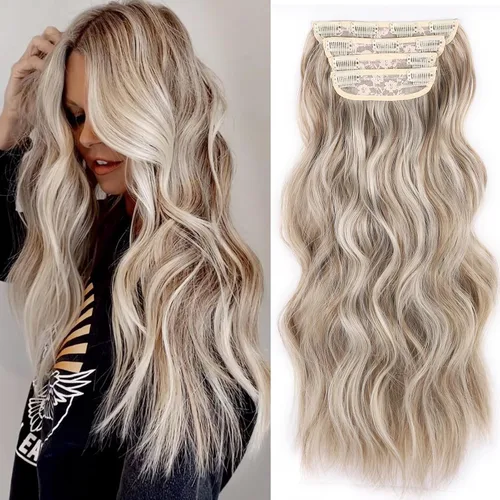 Vista 15 de 4 piezas de extensiones de cabello rizado con clip, color dorado oscuro, mezcla de rubio beige, sintético de 20 pulgadas de largo, extensiones