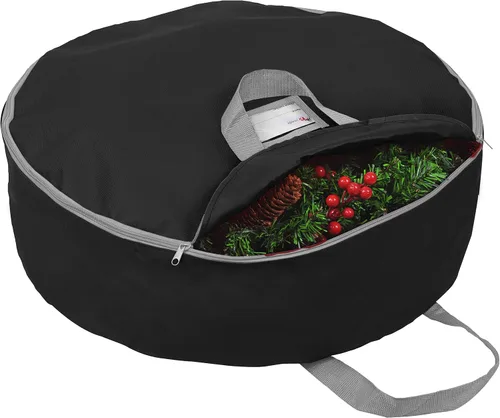 Vista 8 de Bolsa de almacenamiento de corona de Navidad resistente de 24 pulgadas, contenedor de coronas con asas, material de poliéster Oxford 600D duradero