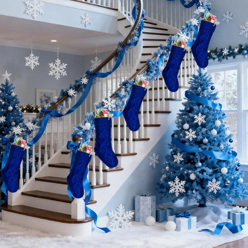 Vista 2 de Medias de Navidad a granel, medias de punto trenzado azul de 18 pulgadas para decoración navideña de vacaciones, paquete de 6