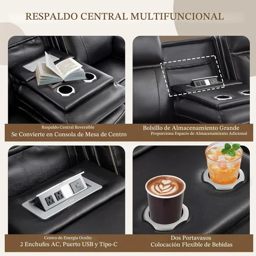 Vista 3 de Sofá Reclinable Eléctrico con Mesa Plegable, Sofá Reclinable Eléctrico de Cuero Transpirable, Sofá Reclinable Loveseat Eléctrico