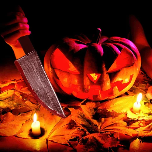 Vista 6 de Cuchillo de carnicero de Halloween, 2 unidades, cuchillo clásico de película de terror, cosplay, accesorios de goma para Halloween