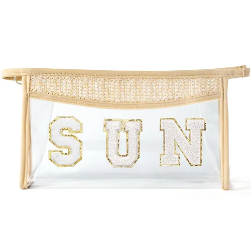 Vista 6 de Bolsa de cosméticos con parches bohemios, bolsa de maquillaje para verano, playa, piscina, neceser de maquillaje, beige, transparente, impermeable