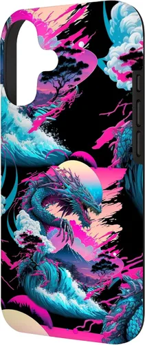 Vista 2 de Dragon Vaporwave Abstract Landscape Moon Tree Waterfall Case for iPhone 17