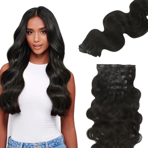 Vista 91 de Lashey Extensiones de cabello humano con clip, sin costuras, #1, color negro azabache, extensiones de cabello humano real, extensiones de cabello