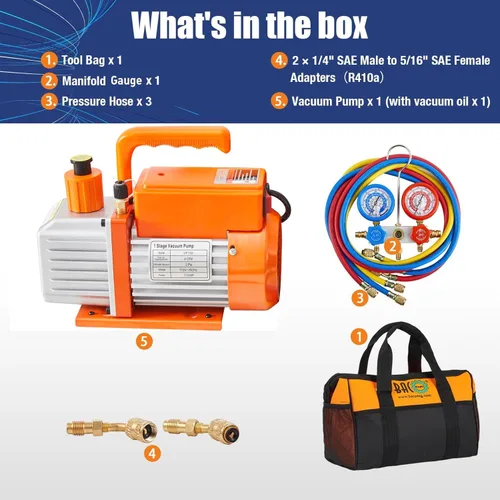 Vista 2 de BACOENG Juego de bomba de vacío y medidor de CA R32, kit de bomba de vacío HVAC de 4 CFM para sistema Mini Split, motor sin chispas