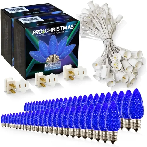 Vista 50 de Pro Christmas - Kit de luces C9 para exteriores, blanco cálido, cable verde, 50 bombillas, 50 pies