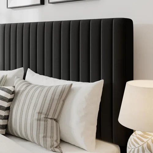 Vista 4 de GOLDORO Base de cama tapizada de terciopelo de tamaño matrimonial con cabecera capitoné de canal vertical, soporte de listones de madera,