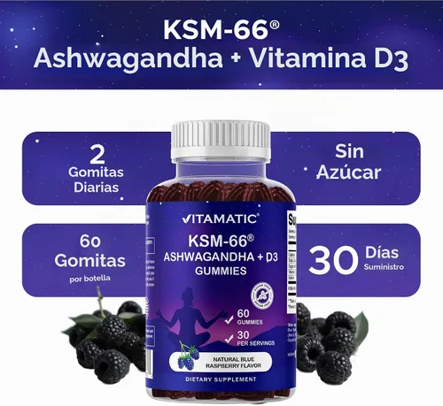 Vista 5 de Vitamatic KSM-66® Ashwagandha + D3 Gummies - Sabor natural de frambuesa azul - Sin azúcar, sin gluten, sin OMG - 60 gomitas