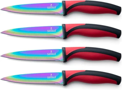 Vista 14 de SiliSlick Juego de cuchillos para carne de acero inoxidable, cuchillos de cocina coloridos con revestimiento de titanio con borde recto, suave