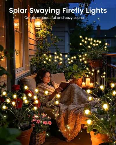 Vista 4 de OZS 4 Pack Total 32 Luces LED Solar de Jardín de Hadas al Aire Libre - Luces Solares de Luciérnagas al Aire Libre, Se Balancean con el Viento Blanco