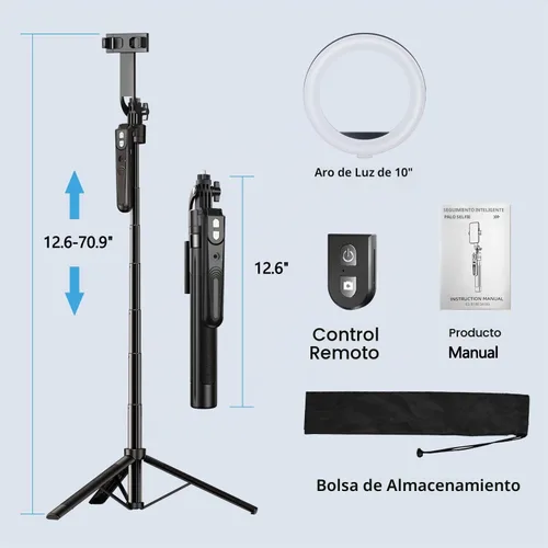 Vista 5 de Trípode de seguimiento automático de cara de 70.9 pulgadas con rotación de 360 grados y anillo de luz de 10 pulgadas, trípode para teléfono y selfie