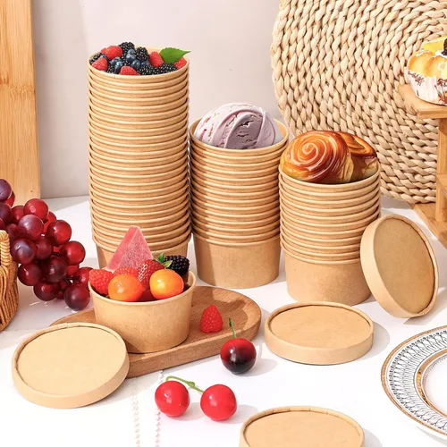 Vista 4 de Paquete de 100 recipientes de papel de 4 onzas para sopa con tapas ventiladas, recipientes desechables para alimentos, tazas de helado de estraza