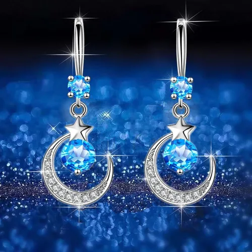 Vista 6 de Star Mythology - Aretes de gota de agua de luna, finos y elegantes aretes de diamantes de imitación, aretes de cobre con gota de agua para mujer