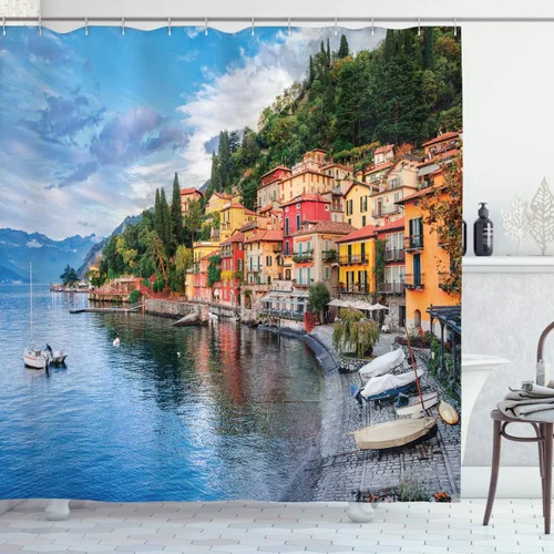 Vista 17 de Ambesonne Cortina de ducha con diseño de ciervo, silueta de animales del bosque brumoso en la naturaleza, diseño de dibujos animados, decoración