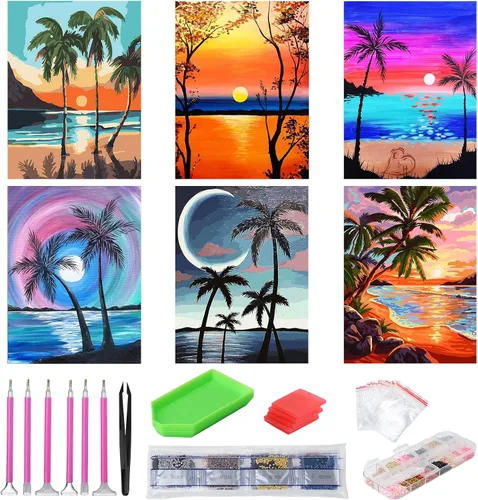 Vista 9 de abcGoodefg Kit de pinturas de arte de diamantes, 6 paquetes, kits de arte de diamantes 5D para adultos, juego de paisaje, pintura redonda de taladro