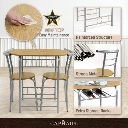 Vista 4 de CAPHAUS Juego de comedor de 3 piezas para 2, cocina pequeña, juego de mesa de comedor con marco de acero, juego de patio de 3 piezas con estante