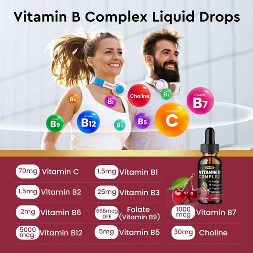 Vista 4 de CFILIHTC Gotas líquidas de complejo de vitamina B, suplemento de complejo de vitaminas B con gotas B1, B2, B3, B5 B6, B7, B9 y metil B12