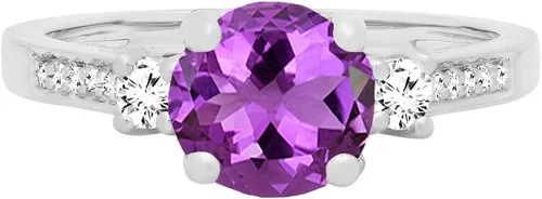 Vista 2 de Dazzlingrock Collection 7mm Round Center Amethyst & White Diamond 3 Stone Engagement Ring for Women in 18K Gold