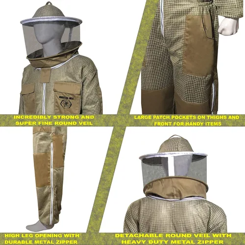 Vista 4 de Brutul Bee - Traje ventilado ultraligero de 3 capas con velo redondo (KHAKI, S), Caqui