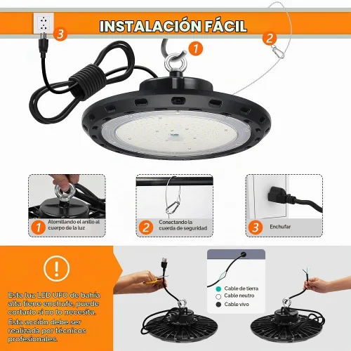 Vista 6 de Luz LED de alta bahía UFO de 100 W, 15000 lm, 5000 K, IP65, UL Aprobada, cable de 5 pies con enchufe de EE. UU. Alternativa a 400 W MH/HPS