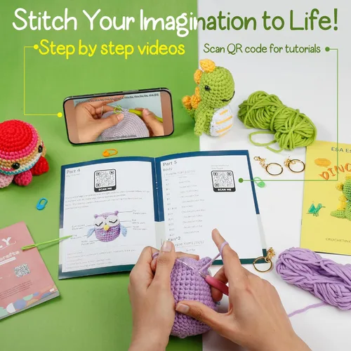 Vista 3 de Kit de ganchillo para principiantes, kit de animales de ganchillo con tutoriales en video e hilo suave, kits de manualidades para adolescentes
