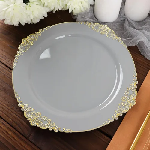 Vista 33 de Paquete de 10 platos redondos de plástico barroco dorado de 8 pulgadas para ensalada de postre, vajilla desechable con borde dorado en relieve