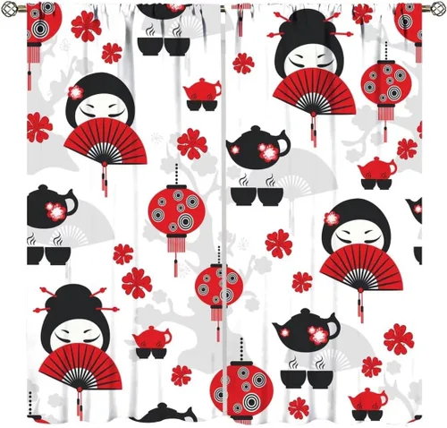 Vista 9 de Cortinas de estilo japonés, Kyoto Geisha Girls Asian Ink Painting - Cortinas de tela de poliéster con estampado de Japón antiguo para dormitorio