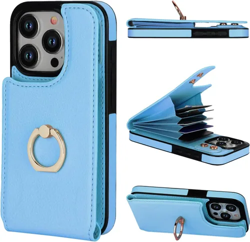 Vista 17 de Folosu Funda compatible con iPhone 15 Pro con soporte para tarjetas, rotación de 360°, soporte de anillo de dedo con función atril, bloqueo RFID