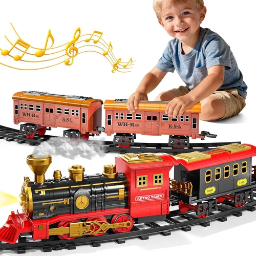 Vista 8 de Juego de tren para niños de 3-5 4-7, juego de juguetes clásicos de tren eléctrico con motor de locomotora, luces y sonido con vapor, rieles