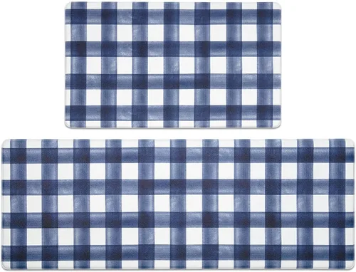 Vista 13 de FRESHMINT Juego de 2 piezas de alfombrillas de cocina estilo granja moderna con cuadros antifatiga para piso, impermeables y antideslizantes Beige