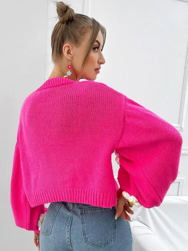 Vista 2 de MakeMeChic Cárdigan corto con apliques florales y manga de linterna para mujer