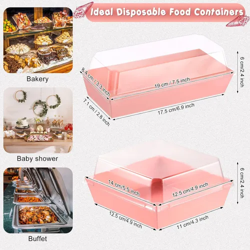 Vista 2 de Gejoy 100 cajas de charcutería rosa de 2 tamaños con tapas transparentes, cajas de postre de papel desechables, recipientes de postre de alimentos