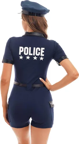 Vista 3 de Uniforme de policía de policía para mujer, disfraz de Halloween con cinturón, bolso, sombrero, puños