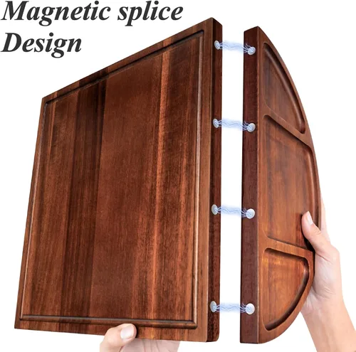 Vista 3 de NiHome Tabla de Charcutería de Madera de Acacia Magnética Grande de 26”x13” en Forma de Espiga, Tablas de Servir para Entretener, Hermoso Juego