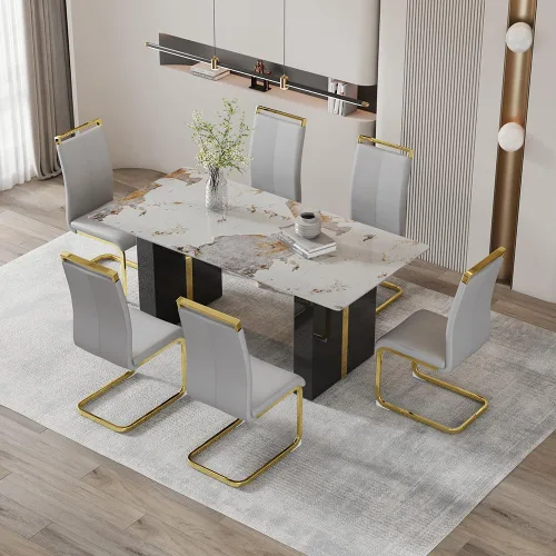 Vista 12 de Mesa de comedor moderna para mesa de comedor de mármol sintético blanco de 6, 8, 71 pulgadas, con patas negras y doradas, mesa de cocina rectangular