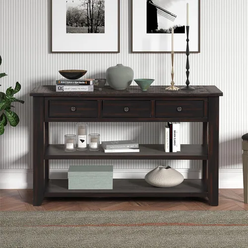 Vista 9 de RuiSiSi Mesa consola de 48 pulgadas con 3 cajones y 2 estantes, mesa de sofá de madera de granja para sala de estar, entrada, pasillo, color blanco