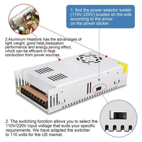 Vista 6 de Fuente de alimentación 36V 10A 360W AC 110-220V a DC 36V 10Amp para cámara CCTV Comes With Built-in Cooling Fan, Low Voltage Transformer, AC/DC
