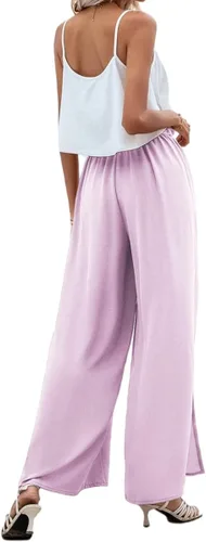 Vista 2 de Grlasen Pantalones bohemios de pierna ancha para mujer, cintura alta, con abertura lateral, pantalones palazzo, pantalones holgados, de gasa